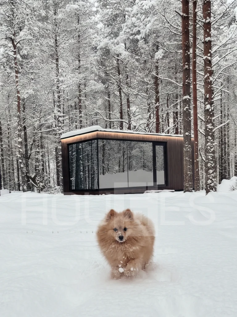 Moderni FF Houses moduulitalo lumisessa metsässä talvella